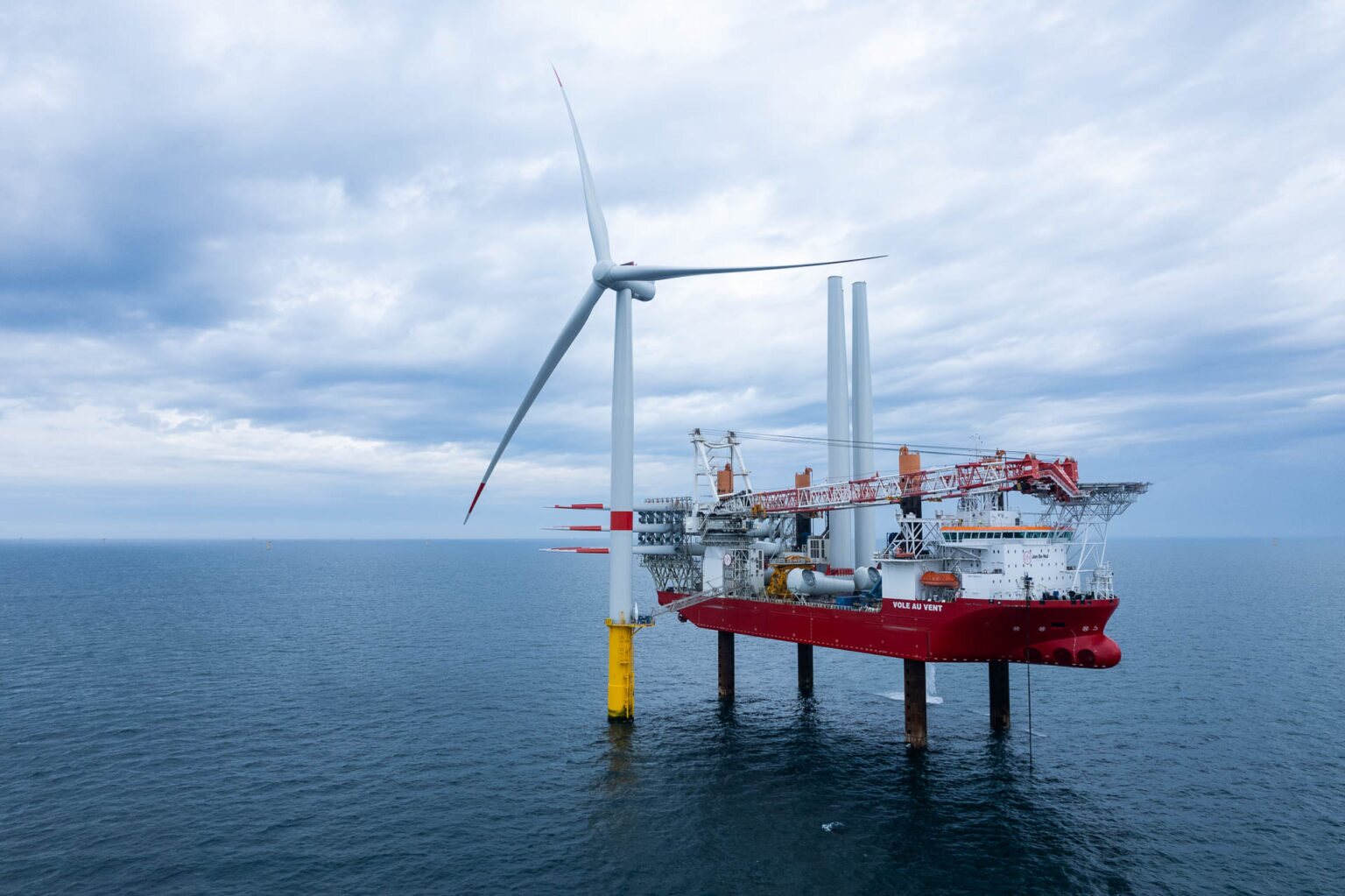 Jack-up installation vessel alongside an offshore wind turbine